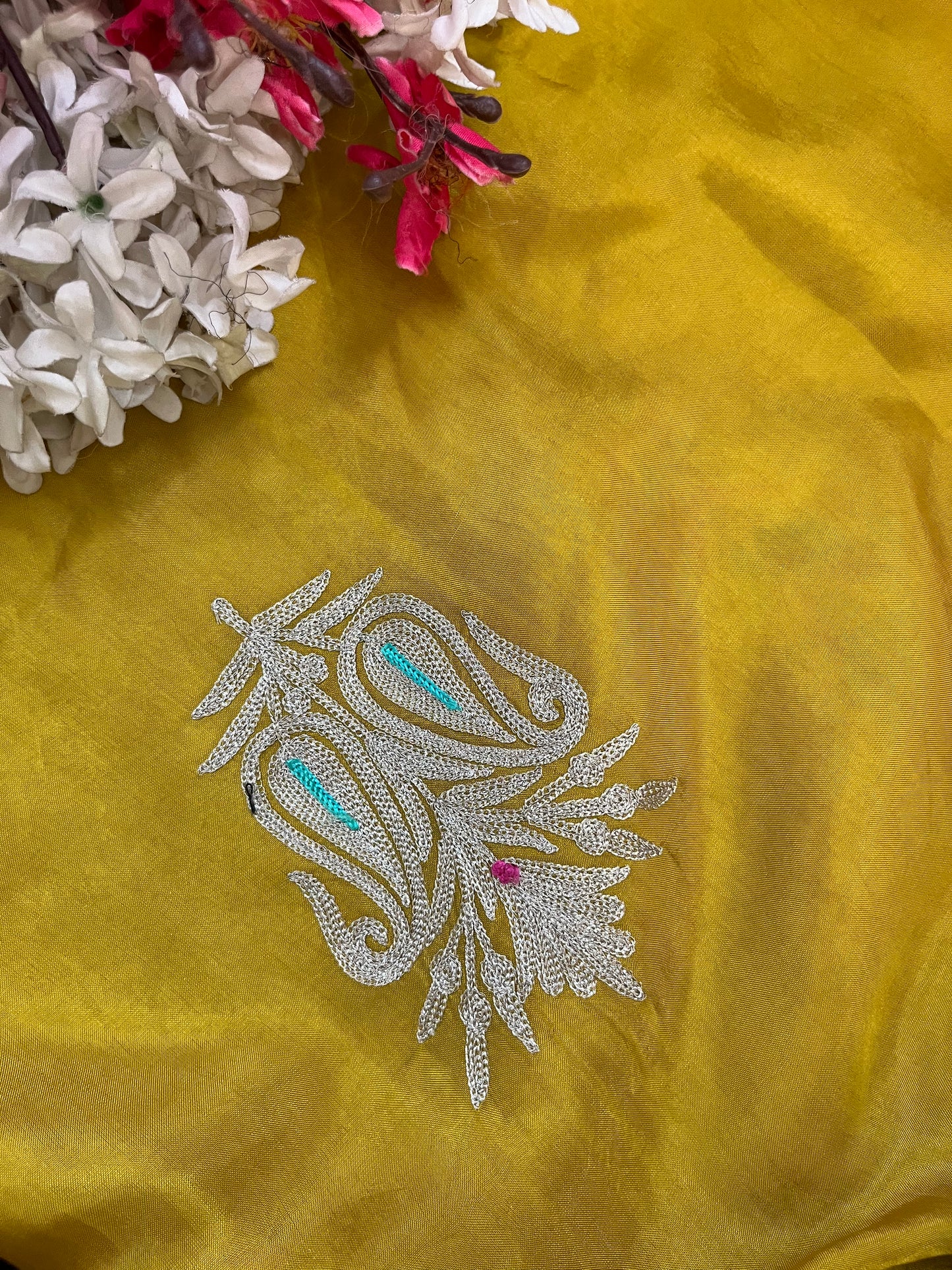 Golden Yellow Opada Silk Kashmiri Suits
