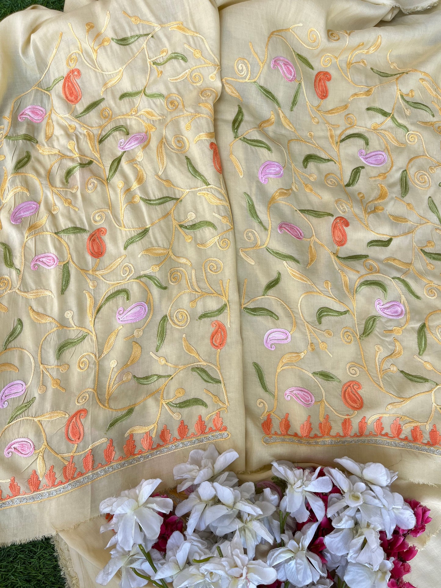 Beige Muslin Cotton Jaal Sleeves Kashmiri 3pc Suit