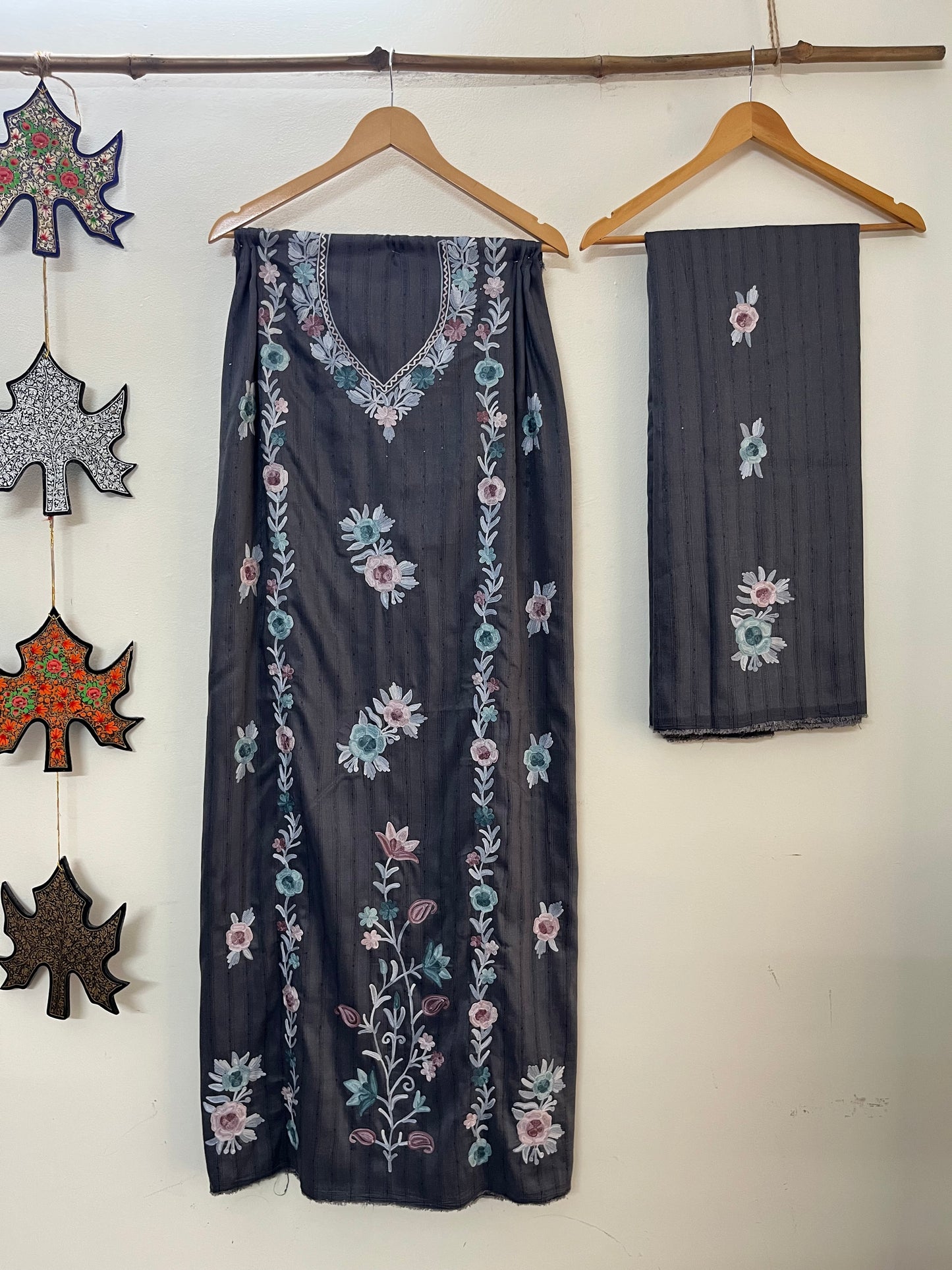 Deep Grey Muslin Cotton Striped Sequin Pattern Unstitched Co-ord Set