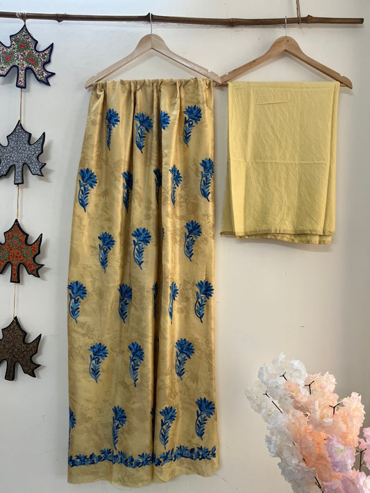 Mustard Gold Self Work Satin Cotton Unstitched Co-ord Set