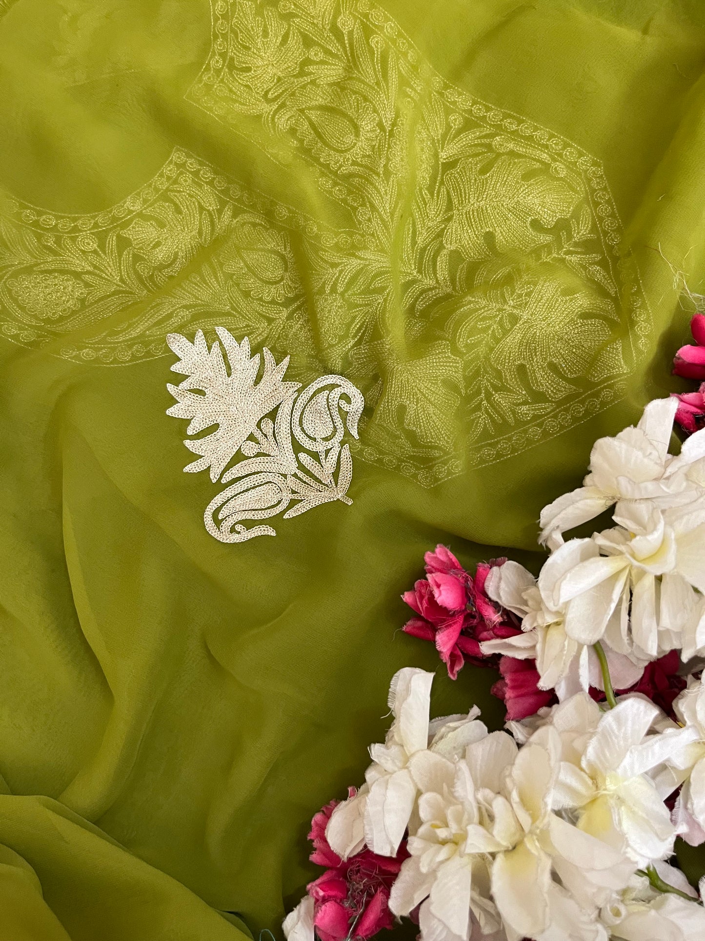 Henna green Georgette 3pc Kashmiri Tilla Suit