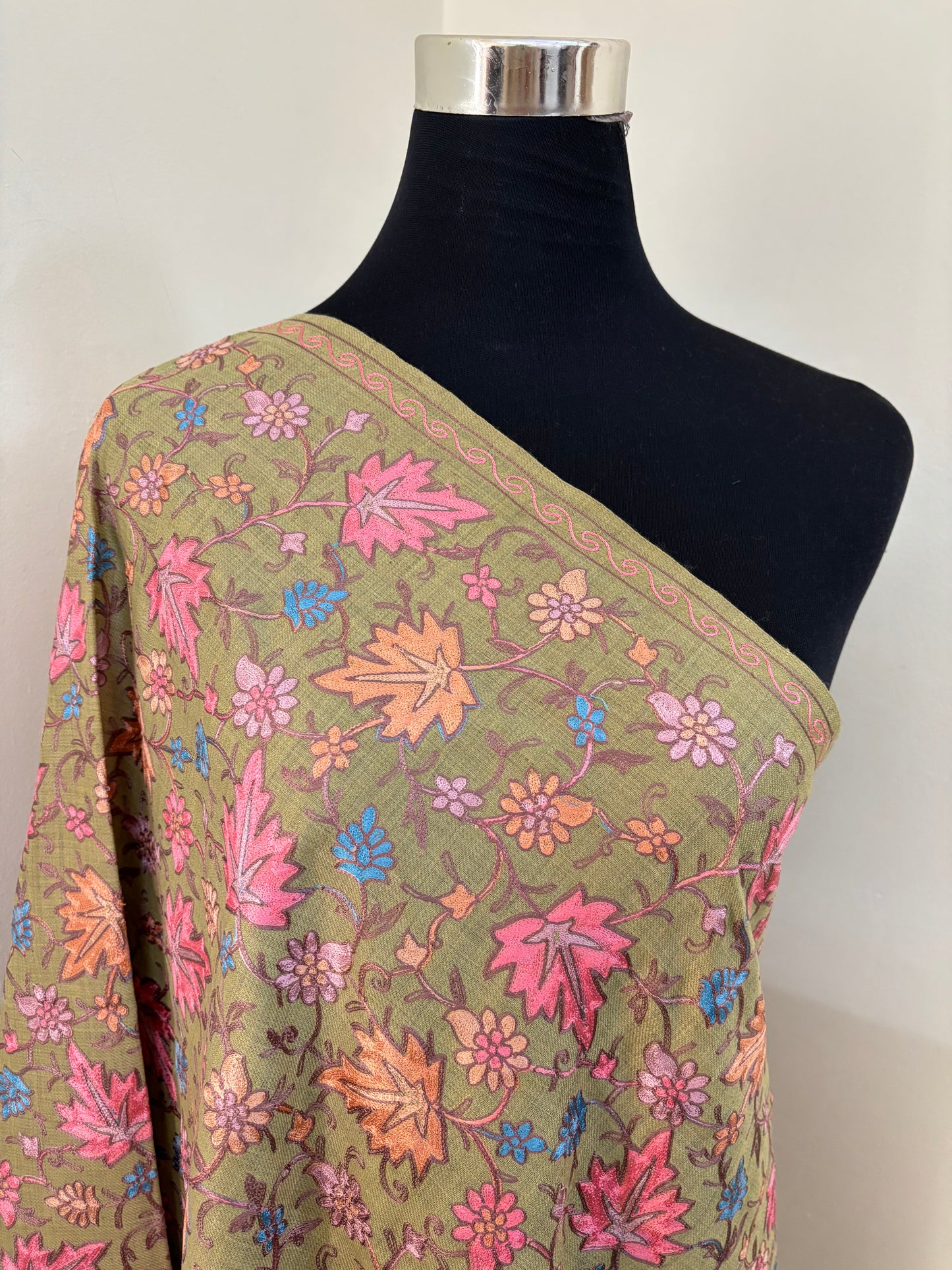 Pista Green Chinaar Jaal Kashmiri Semi Pashmina Stole
