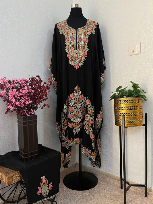 Black Pure Crape Kashmiri Kaftan