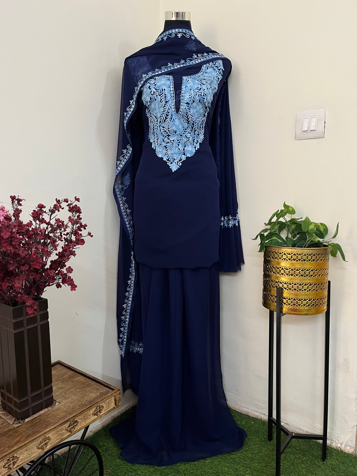 Navy blue Georgette 3 Pc Aari Embroidered Suit Set