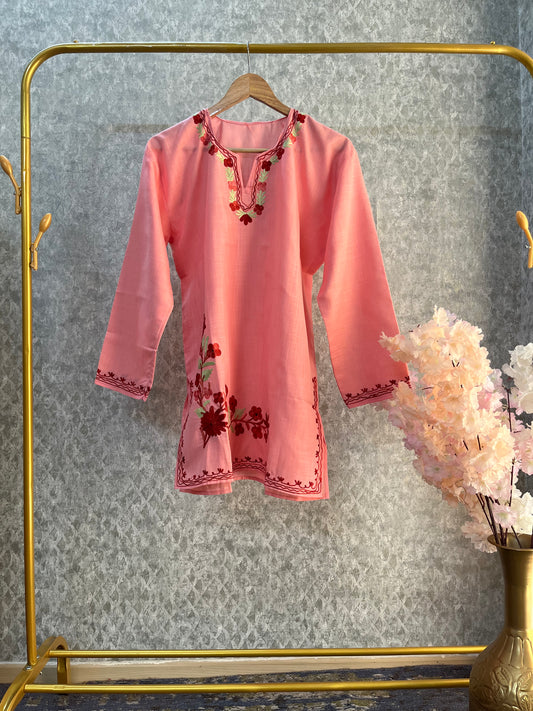 Peach Pink Cotton Aari Work Kurta