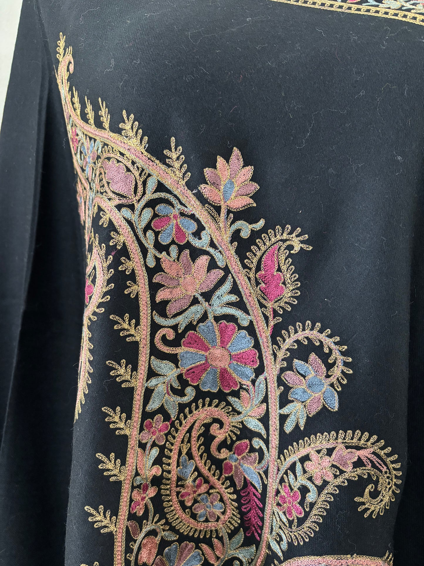 Black Silk Thread Ambi Aangan Embroidered Fine Semi Pashmina stole