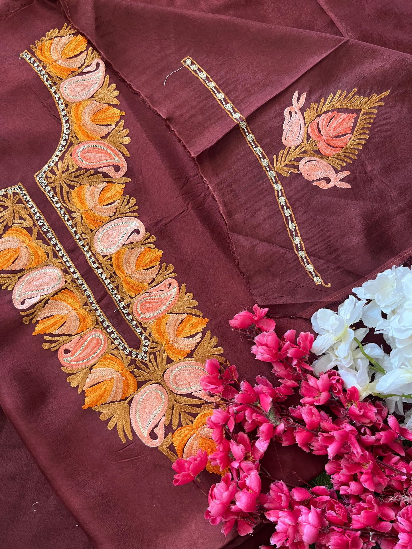 Chocolate Brown Opada Silk Aari Embroidered Suit material