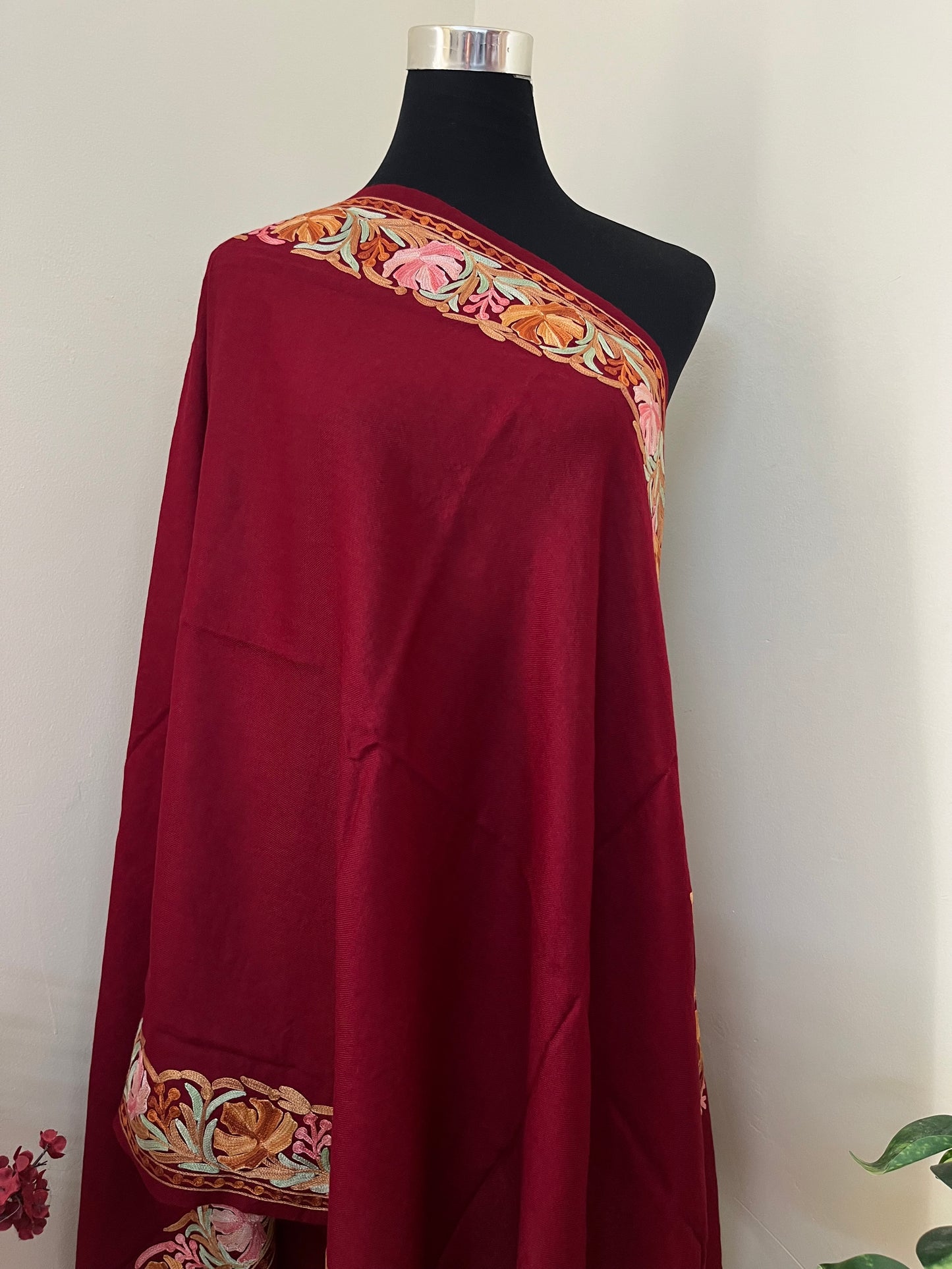 Maroon Fine Semi Pashmina Aari Embroidered stole