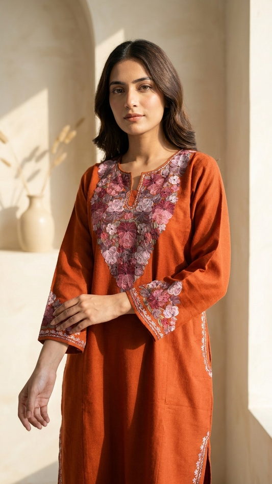 Orange Aari Embroidered Wool Pheran