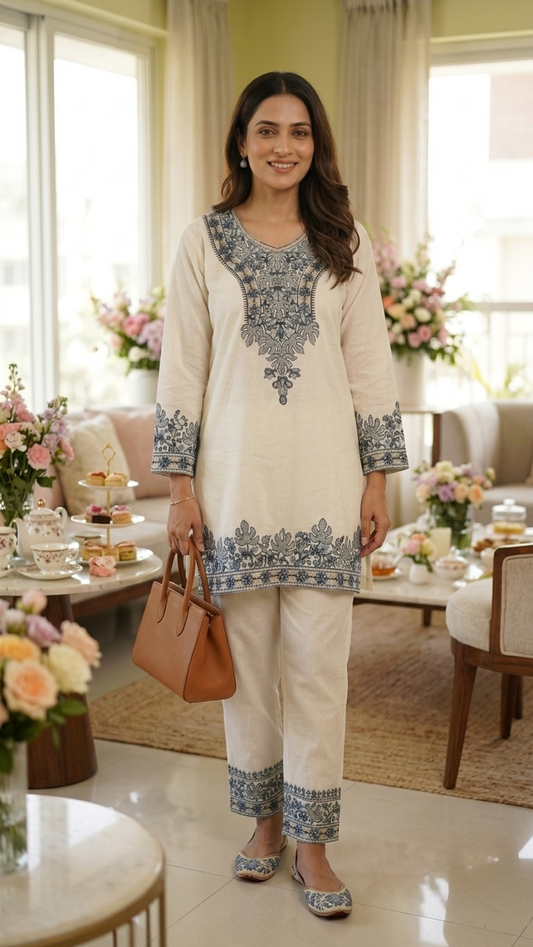 Off White Cotton Stitched Co-ord Set( 42)