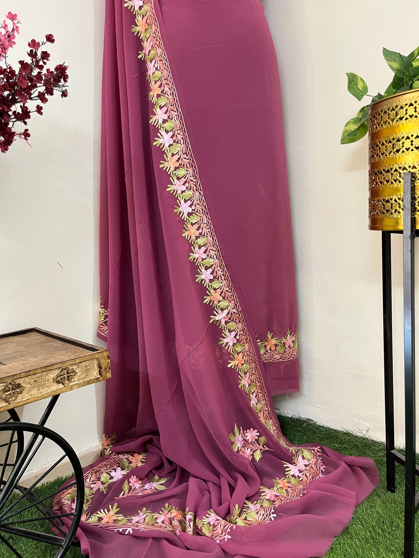 Onion Pink Georgette 3 Pc Kashmiri Suit