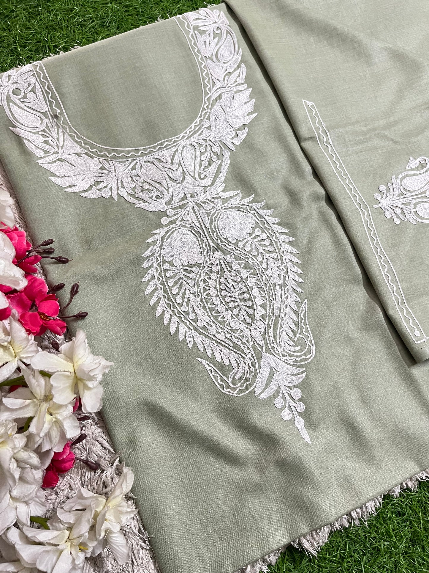 Green Cotton Unstitched Aari Work Kurti