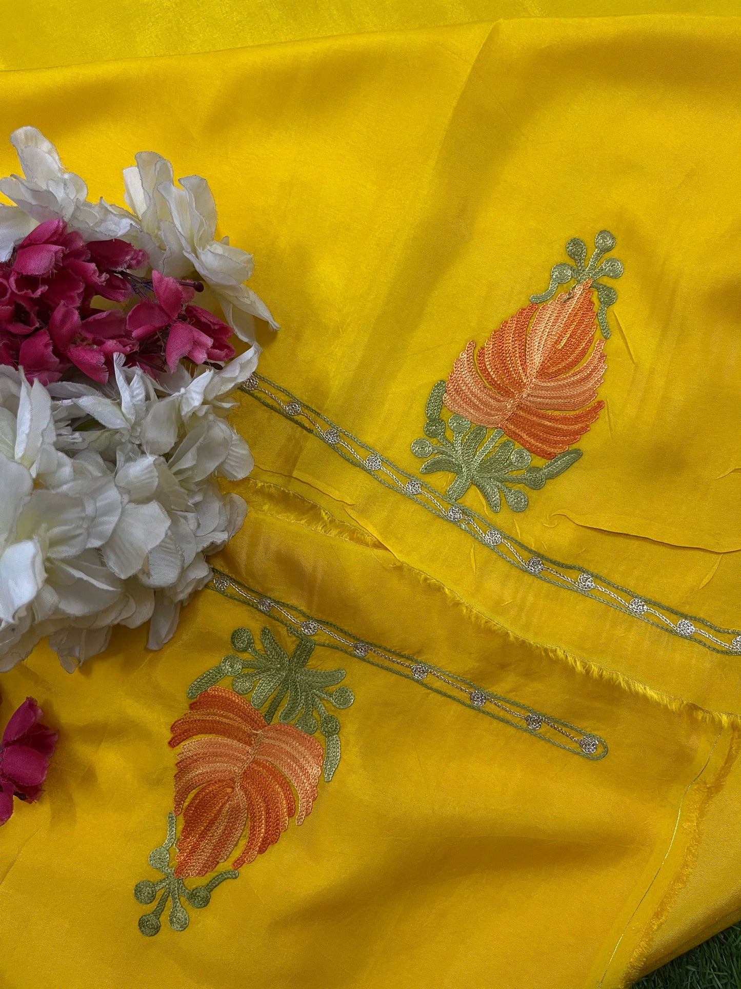 Yellow Opada Silk Aari Embroidered Suit material