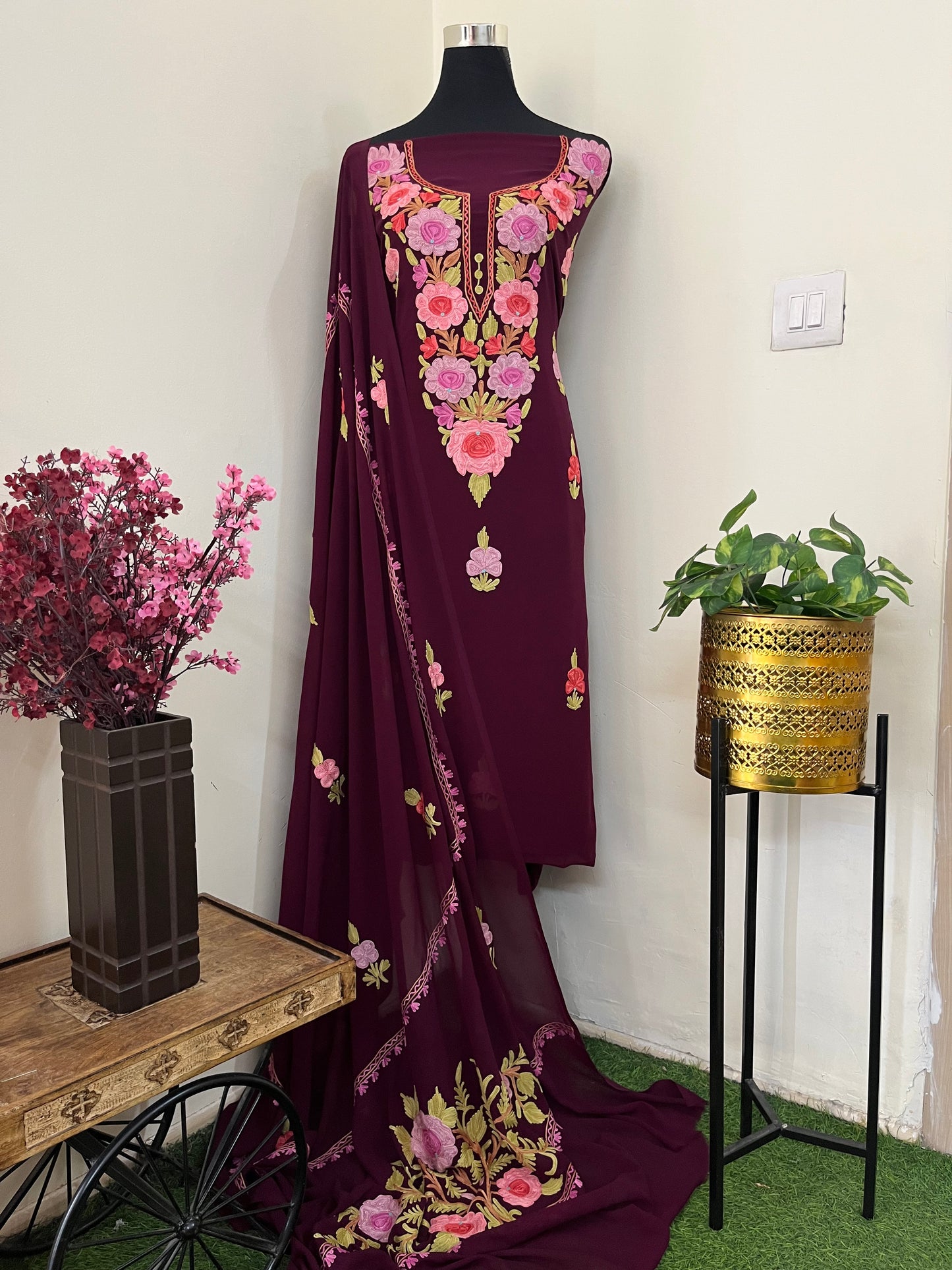 Wine Georgette 3 Pc Aari Embroidered Suit