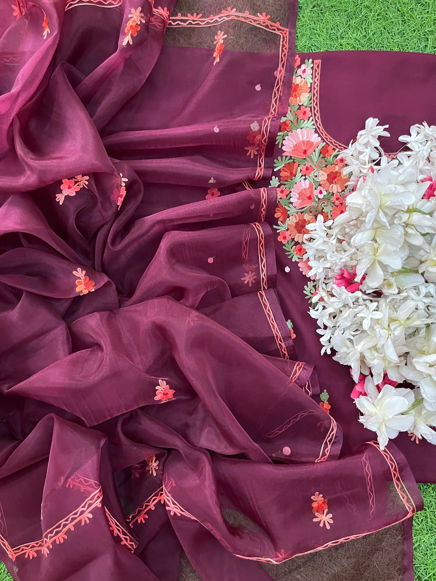 Wine Cotton Organza Dupatta Kashmiri 3pc set