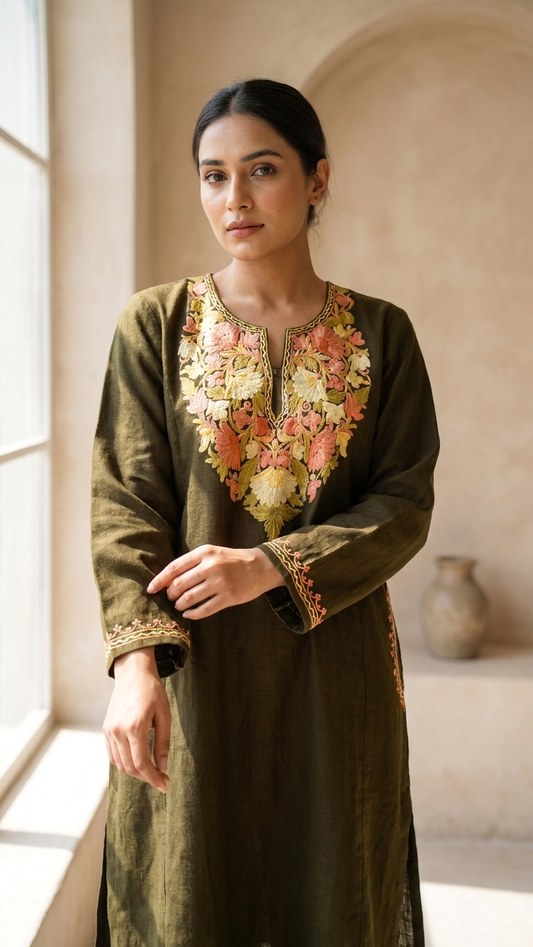 Army Green Aari Embroidered Wool Pheran