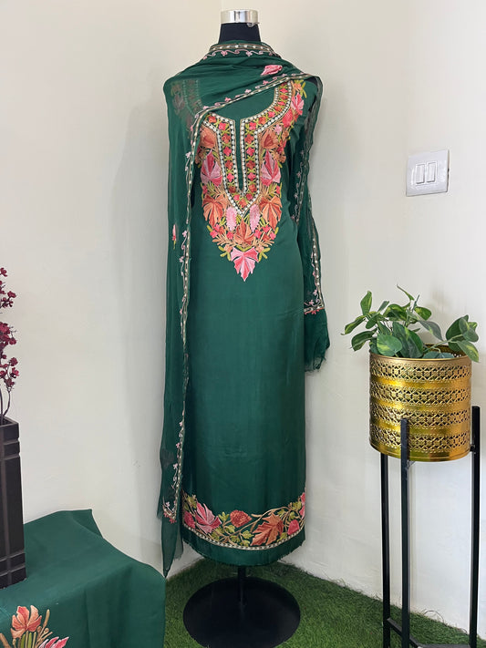 Bottle Green Opada Silk Aari Embroidered Suit material