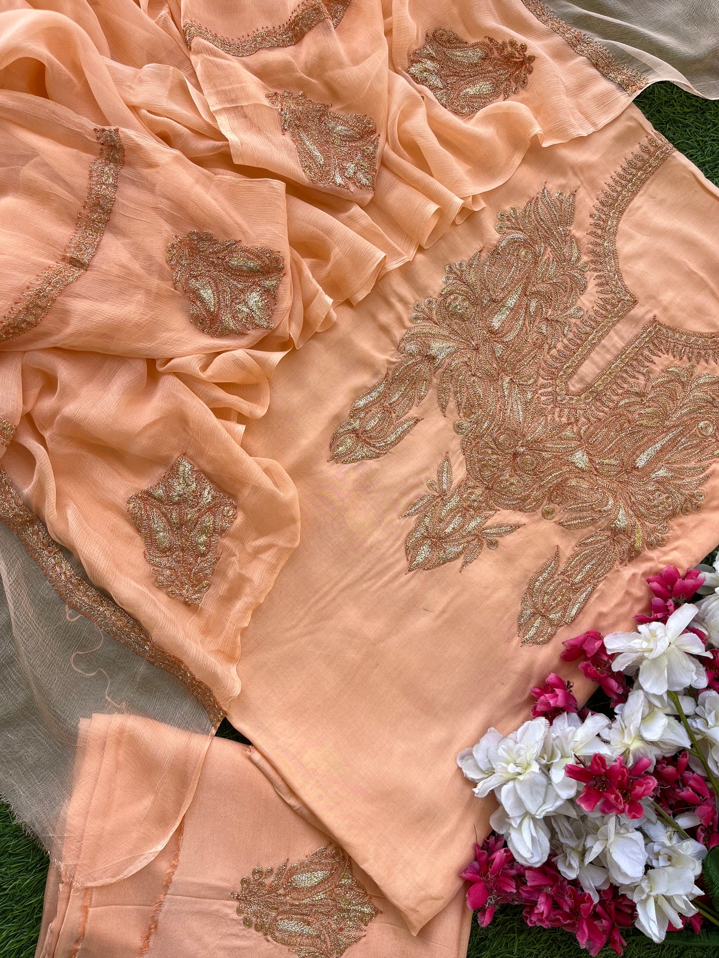 Kalaa’ Peach Muslin Silk Tilla Embroidered Suit material
