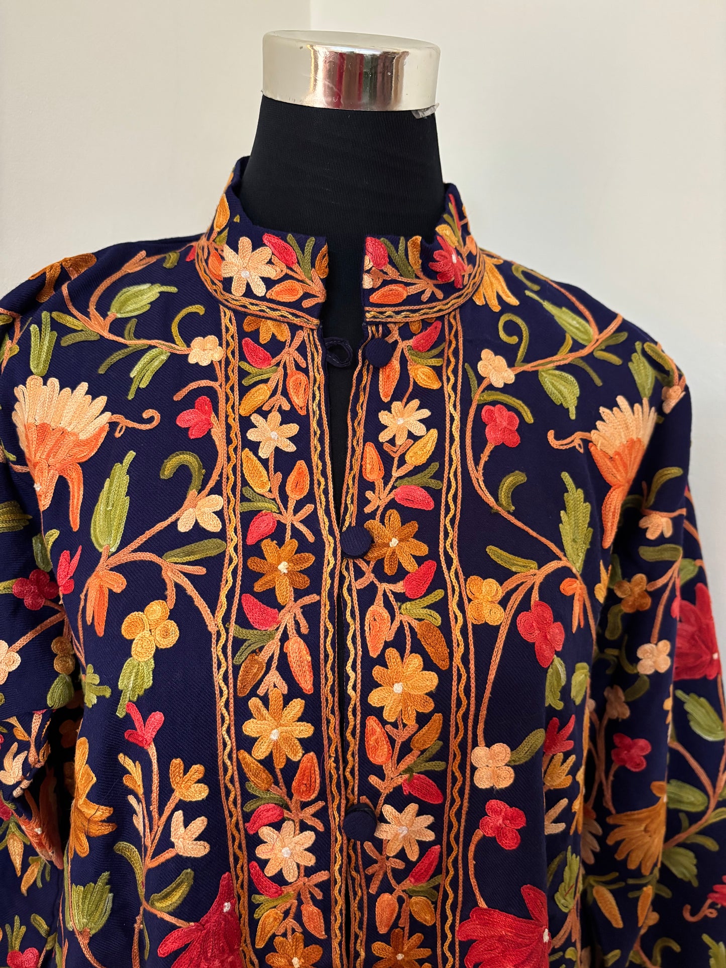 Navy Blue Aari Embroidered Pure Wool Jacket XXL
