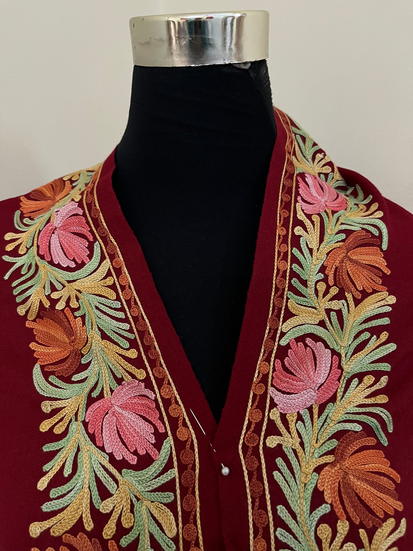 Maroon Aari Embroidered Pure Wool Cape