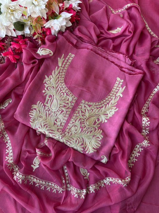 Onion Pink Silk Tilla Kashmiri Suit