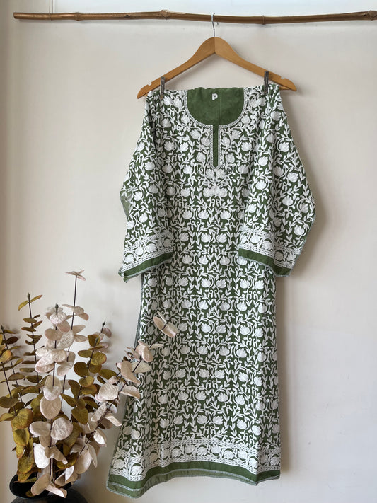 Moss Green Georgette Jaal Work (Front & Back) Aari Embroidered Semi Stitched Kurta