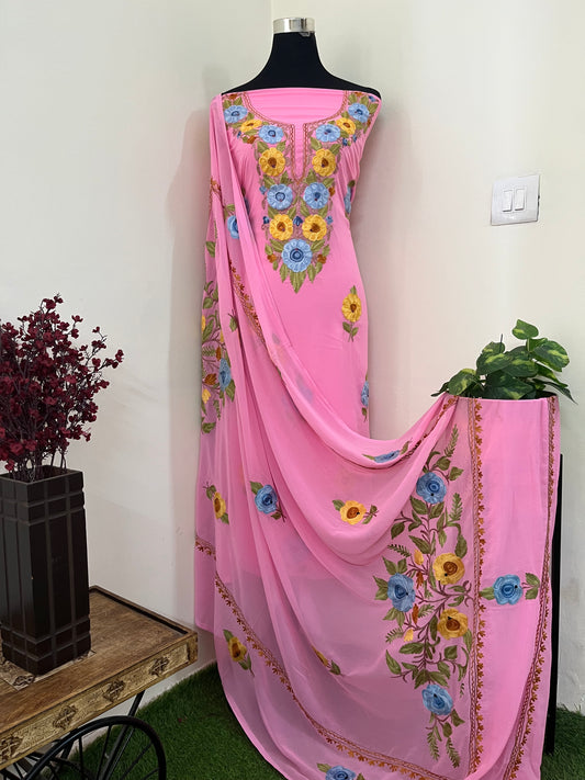 Georgette Candy Pink 3 Pc Aari Embroidered Suit
