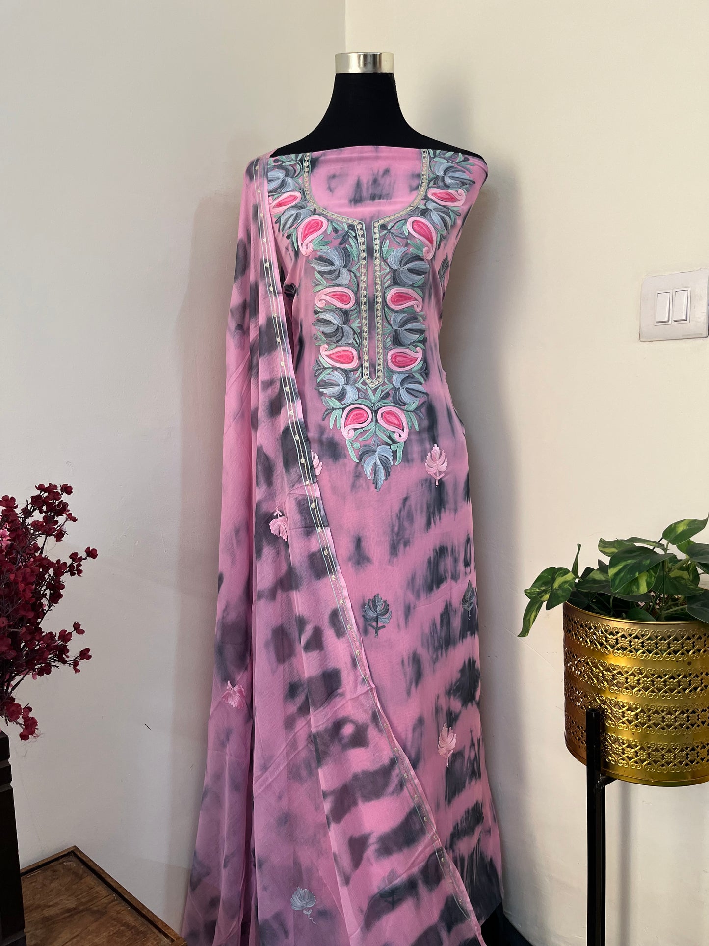 Rose Pink Pure Georgette Ty Dy Kashmiri Suit