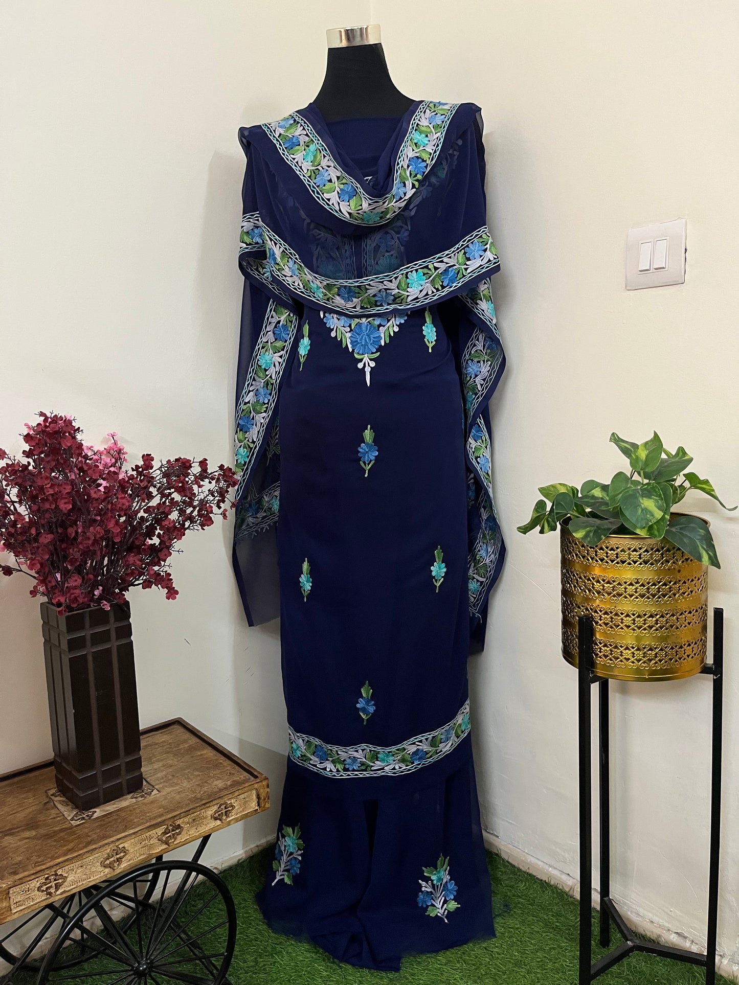 Blue Georgette 3 Pc Aari Embroidered Suit Set