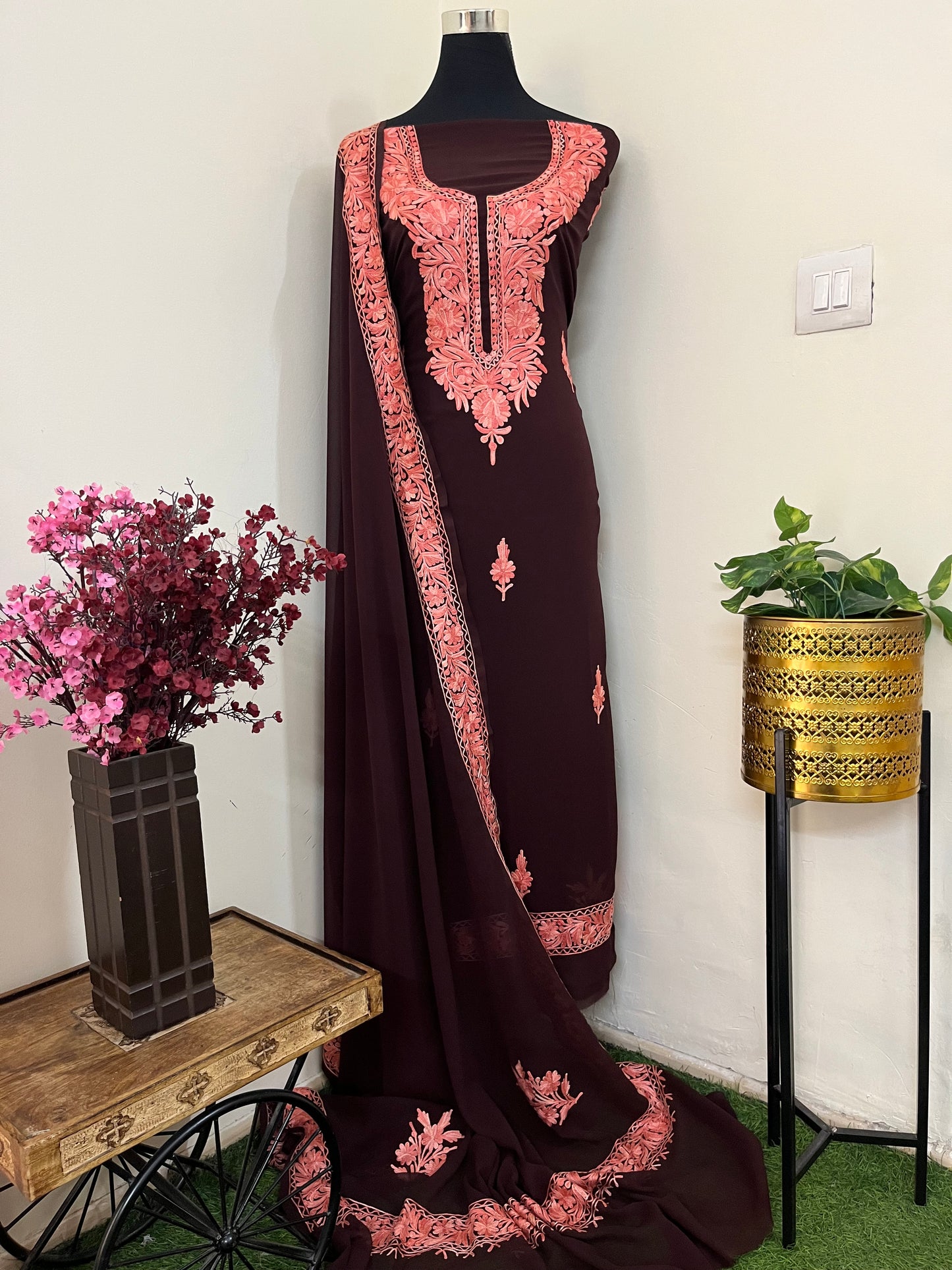 Brown Georgette 3pc Kashmiri Suit