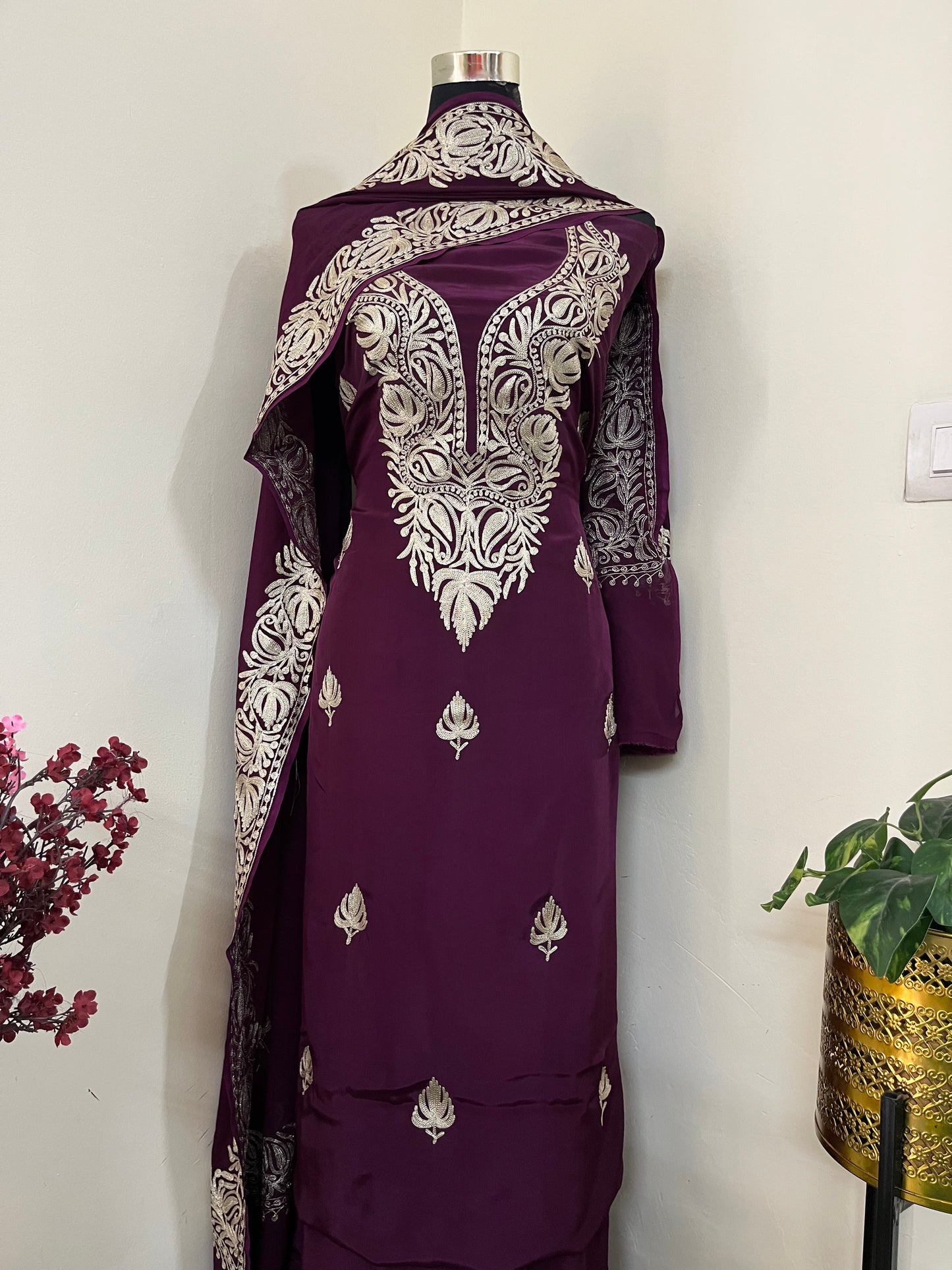 ‘Kalaa’ Wine Crape Kashmiri Suit