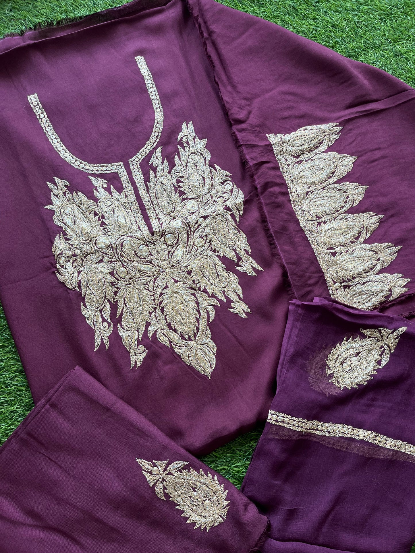 ‘Kalaa’ Wine Muslin Silk Tilla Embroidered Suit material