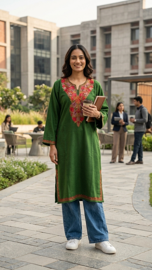 Henna Green Aari Embroidered Wool Pheran