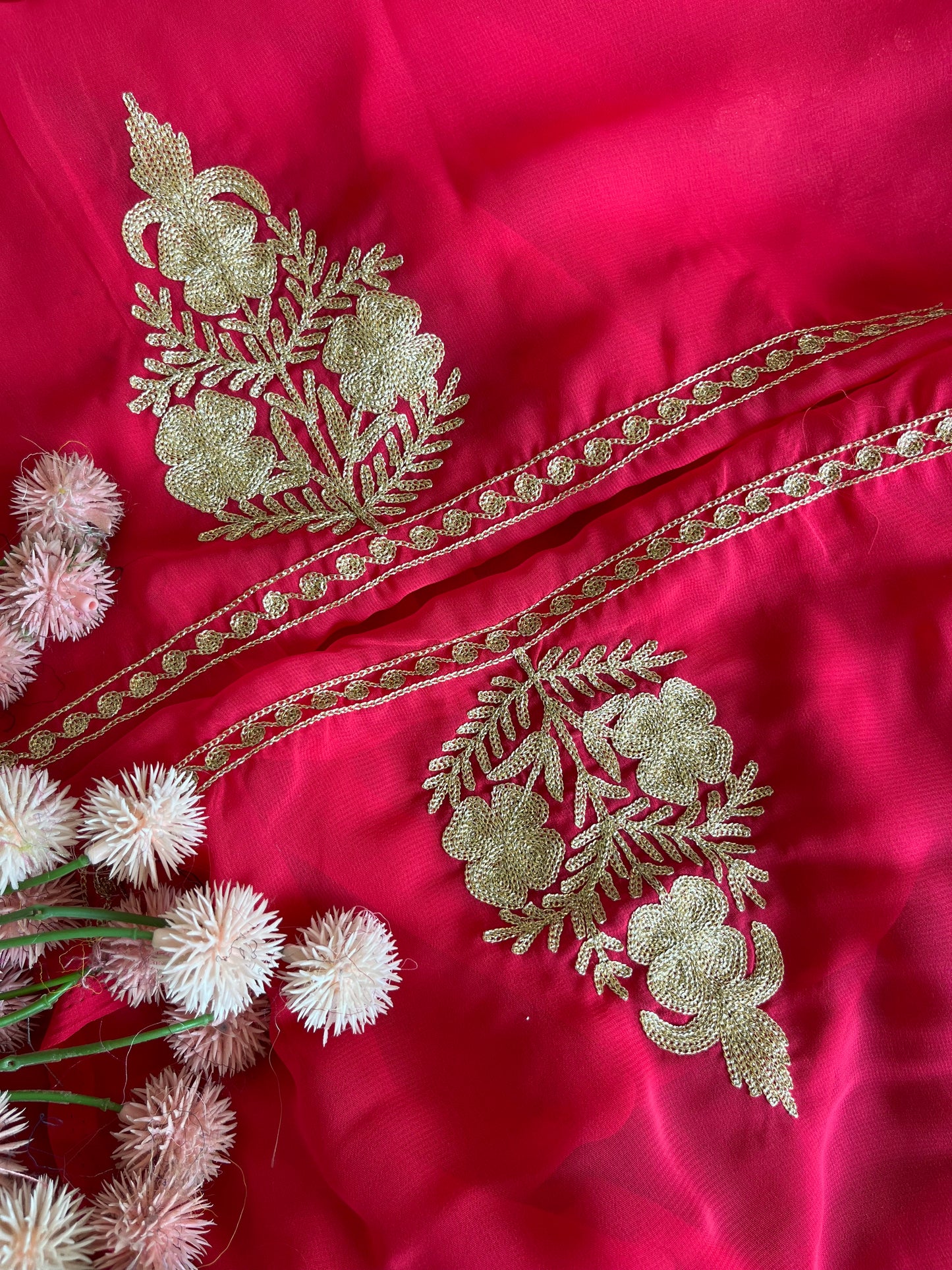 Carrot Pink Georgette 3pc Kashmiri Tilla Suit