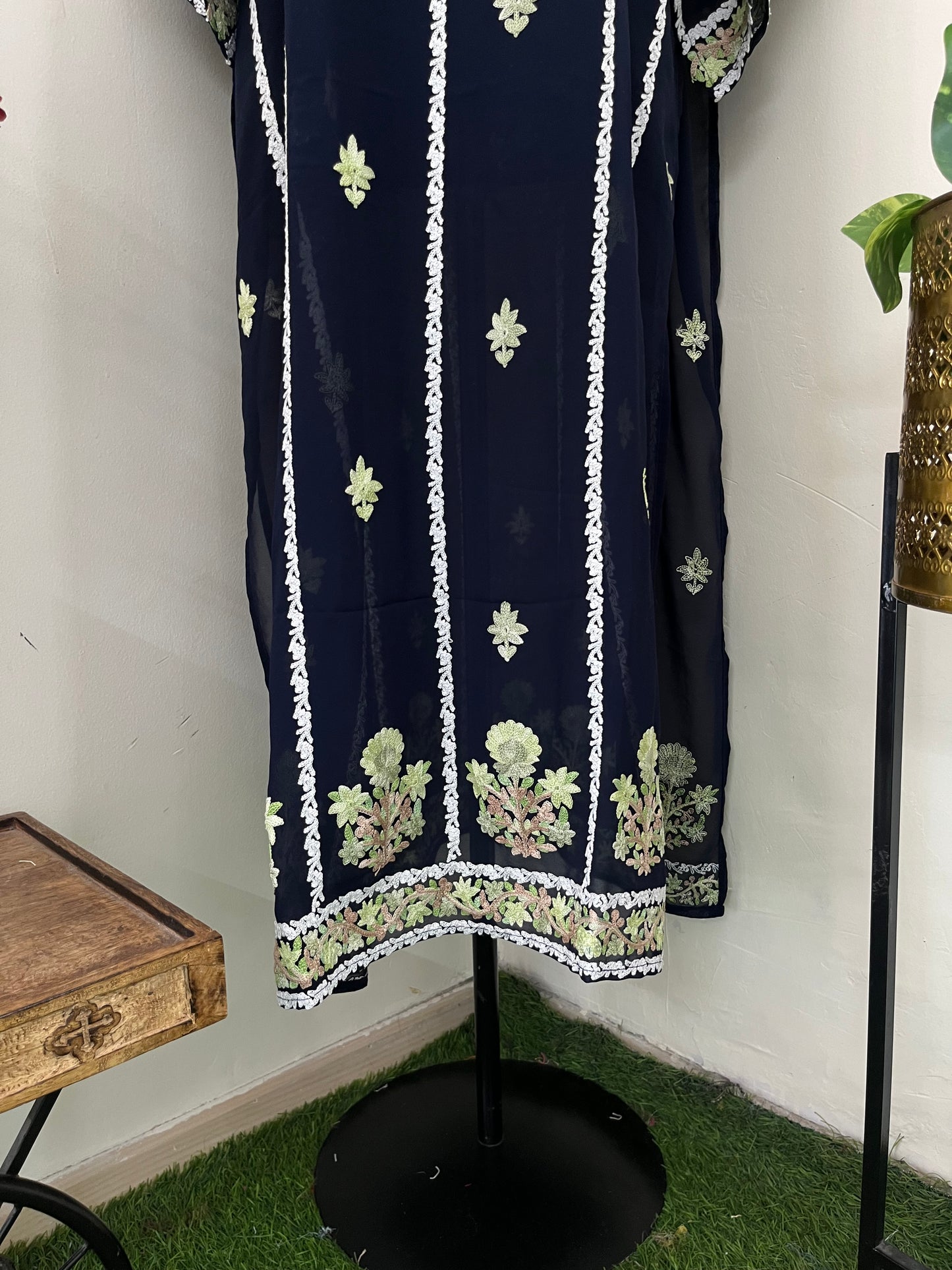 Black Georgette All over Work Aari Embroidered Unstitched Kurta