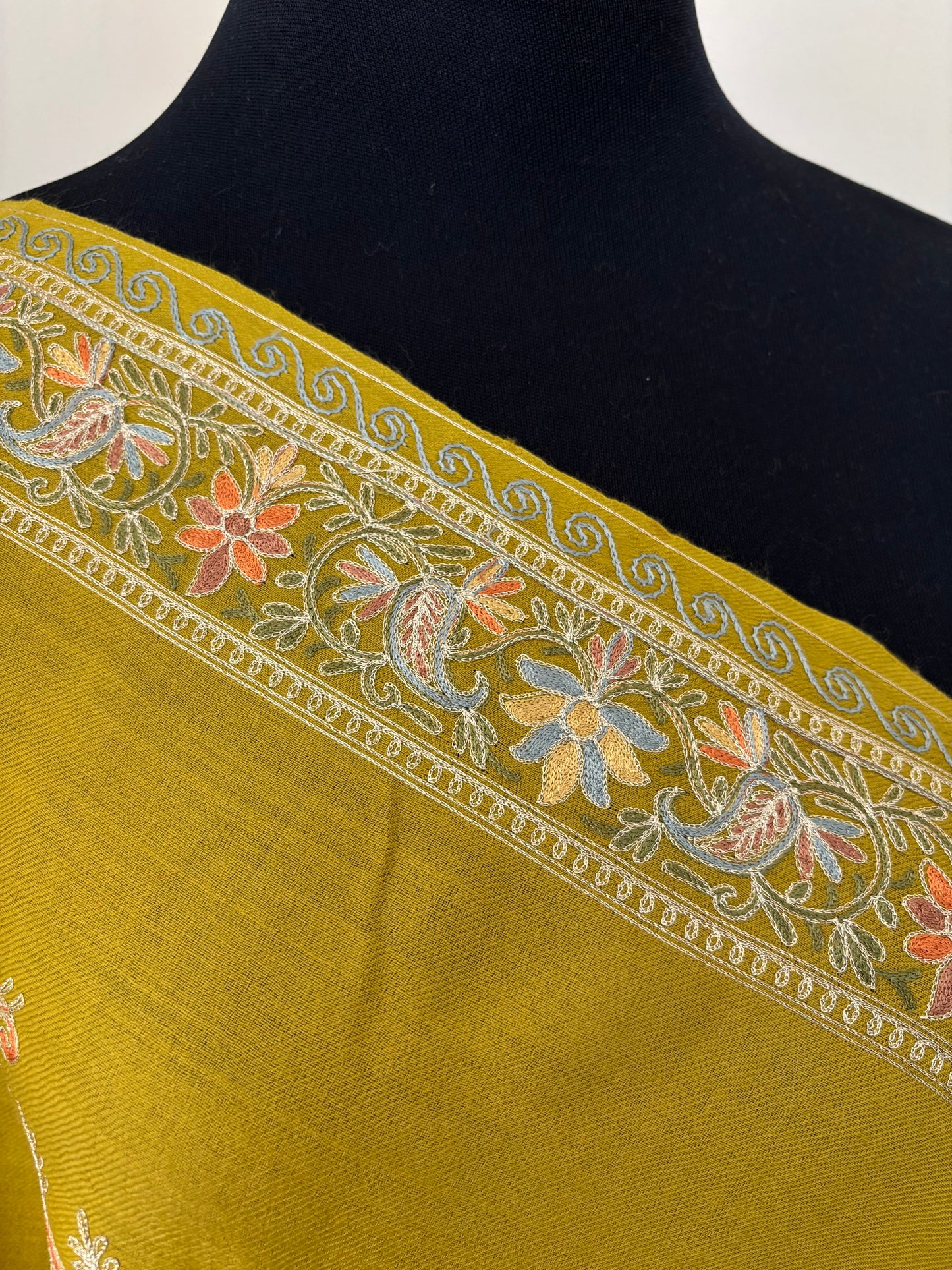Lime Green Silk Thread Ambi Aangan Embroidered Fine Semi Pashmina stole