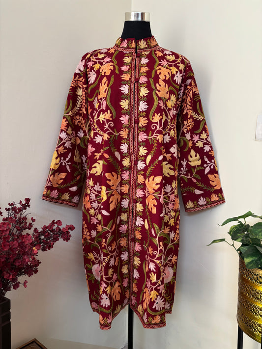 Maroon Aari Embroidered Pure Wool Jacket ‘L’