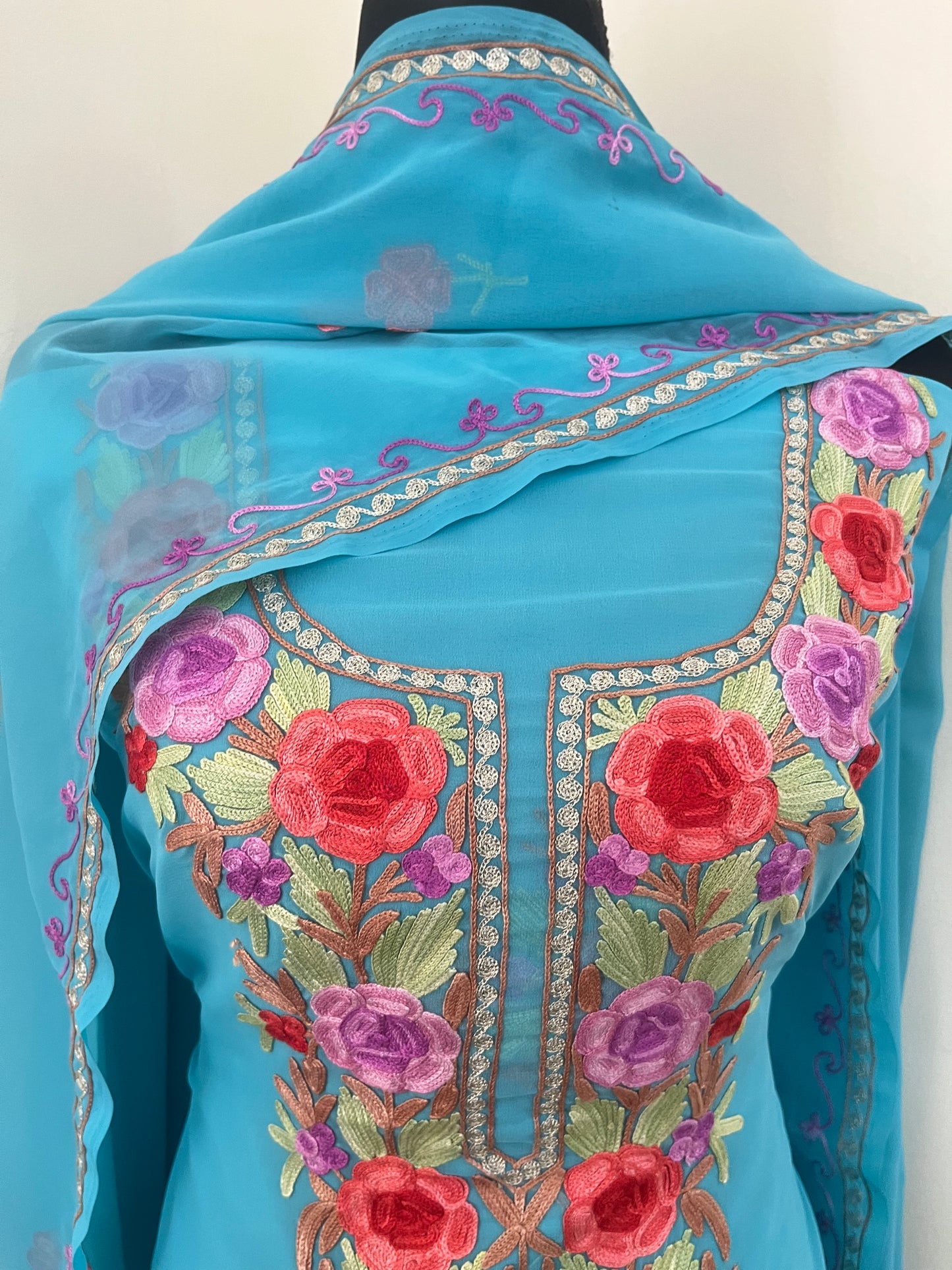 Firozi Blue Georgette 3pc Aari Embroidered Suit