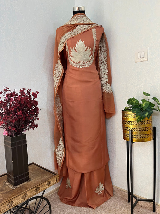 Dull Orange Sanam’ Tilla Kashmiri Silk Suit