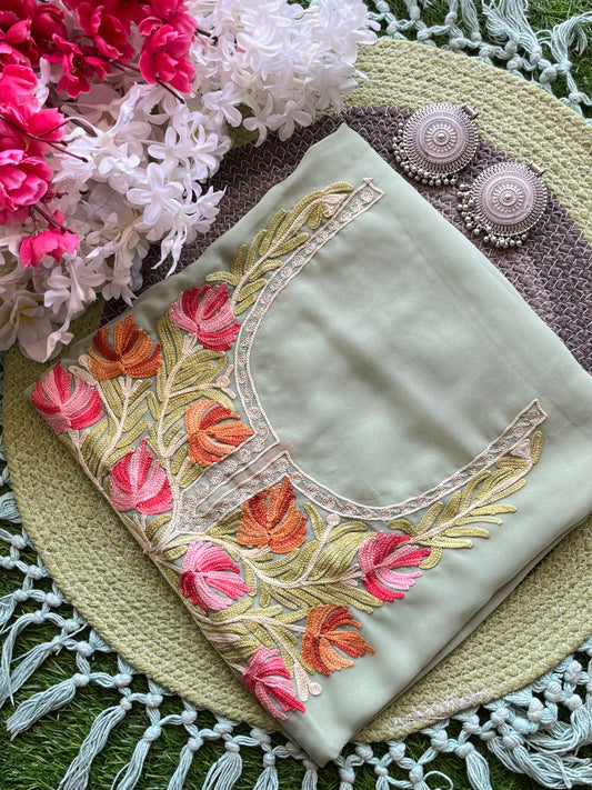 Grey Georgette Aari Embroidered Unstitched Kurta Material