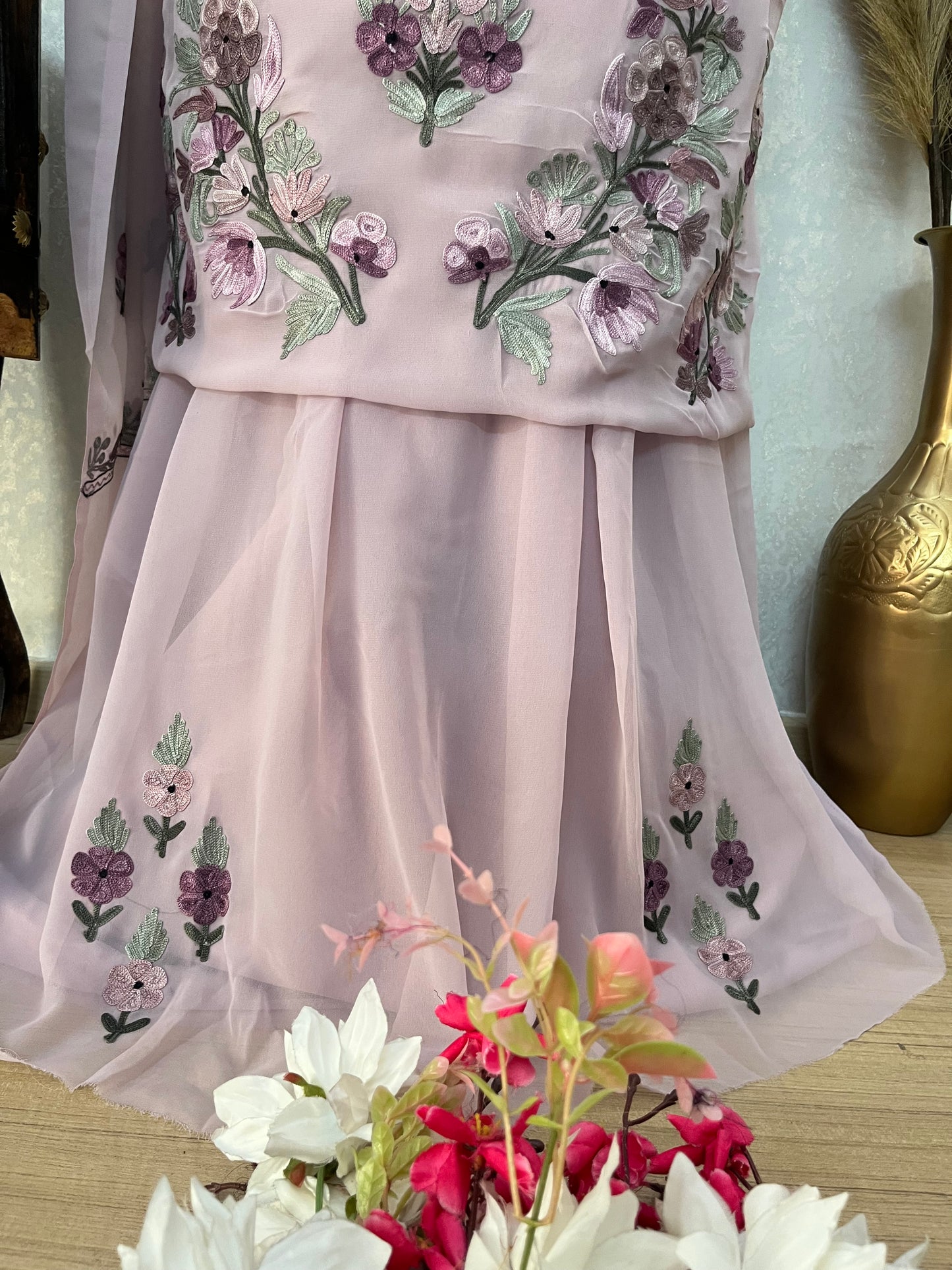 Soft Mauve Georgette 3Pc Kashmiri Suit