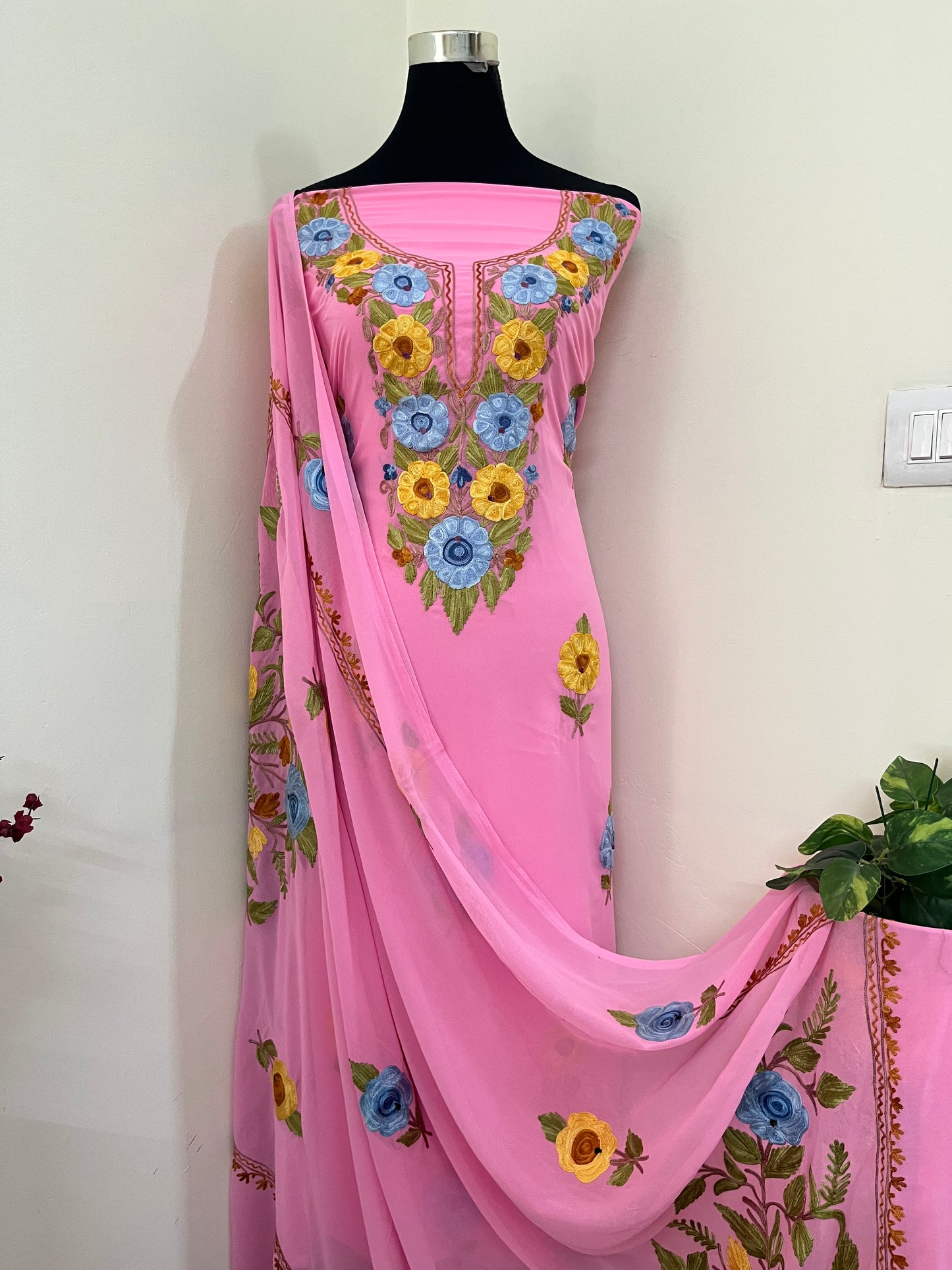 Georgette Candy Pink 3 Pc Aari Embroidered Suit