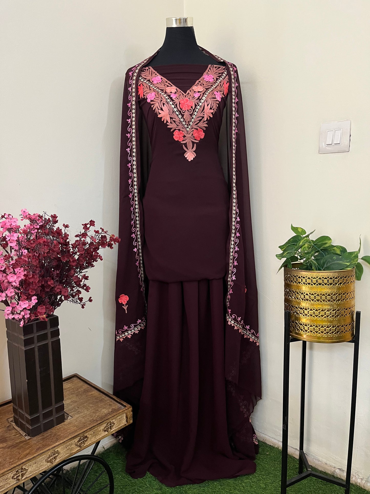 Brown Georgette 3 Pc Aari Embroidered Suit Set