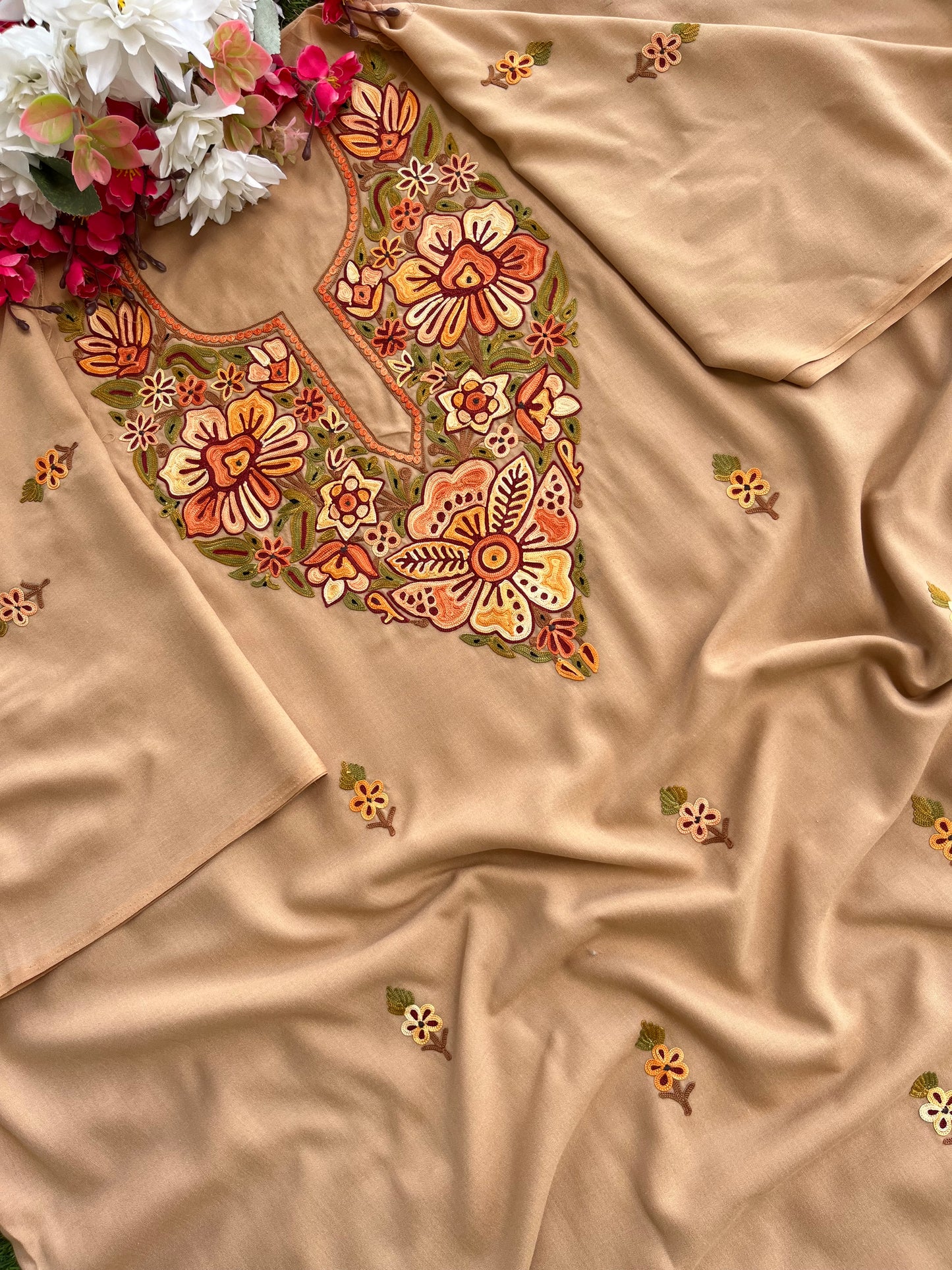 Beige Cotton Unstitched Cord Set