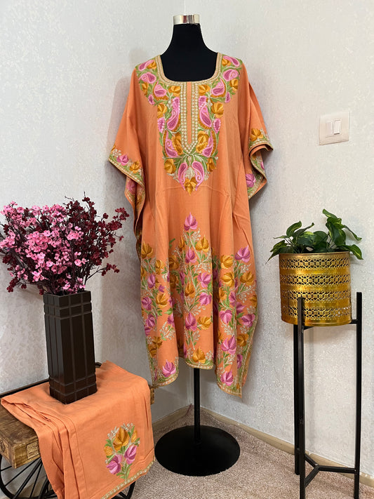 Orange Woollen Kashmiri Kaftan Set