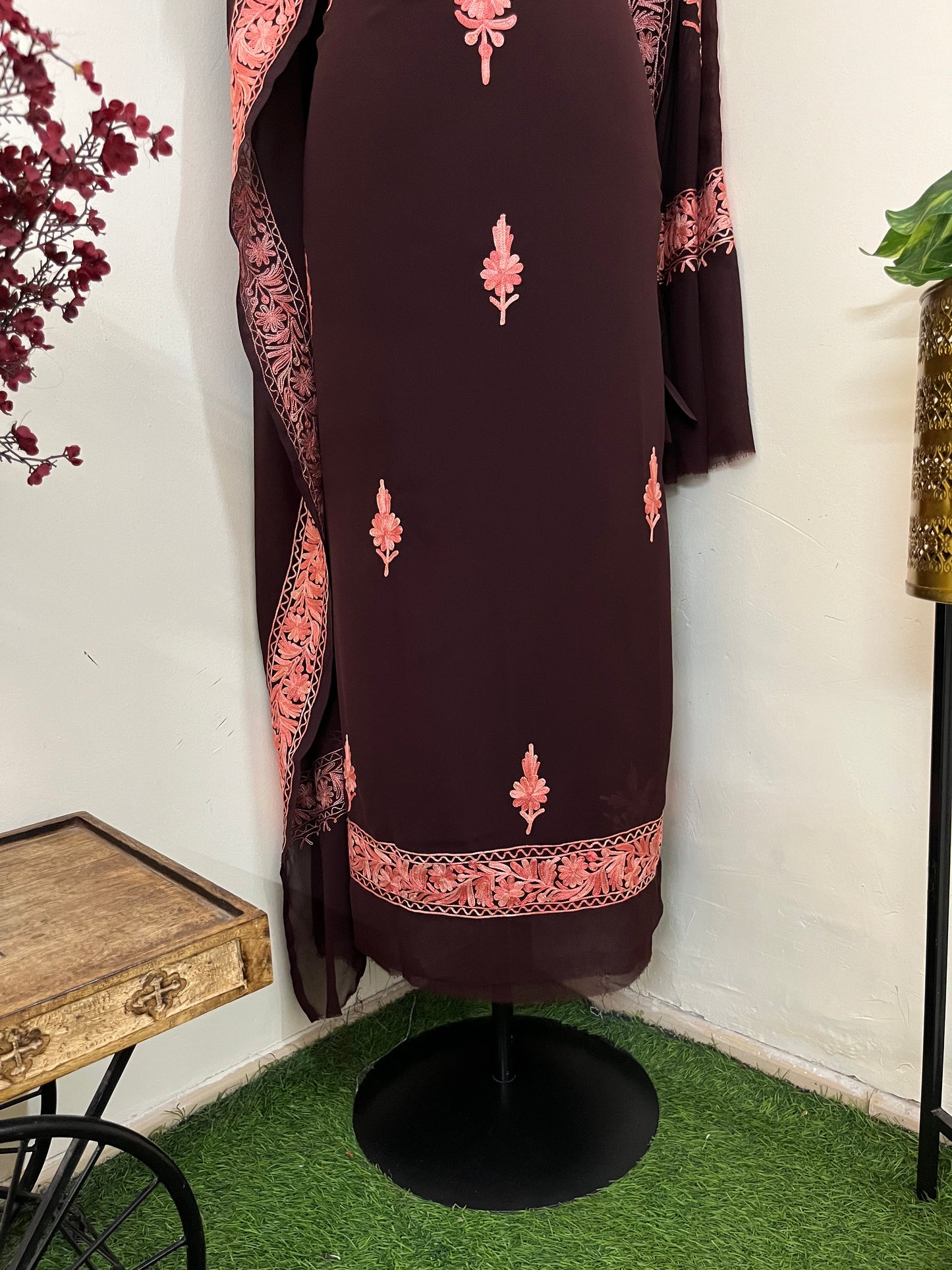 Brown Georgette 3pc Kashmiri Suit