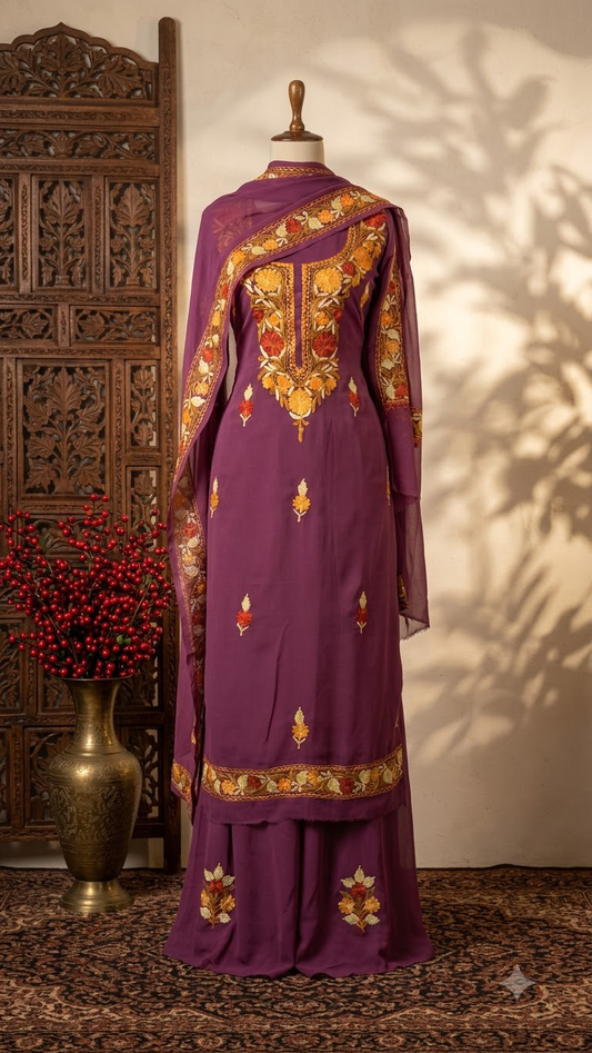 Mauve Georgette 3 Pc Aari Embroidered Suit Set