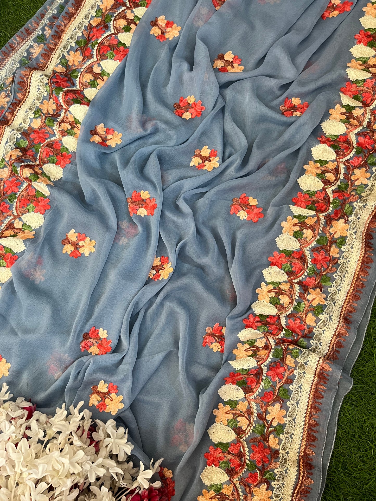 English Blue Rayon Cotton Kashmiri 3pc set