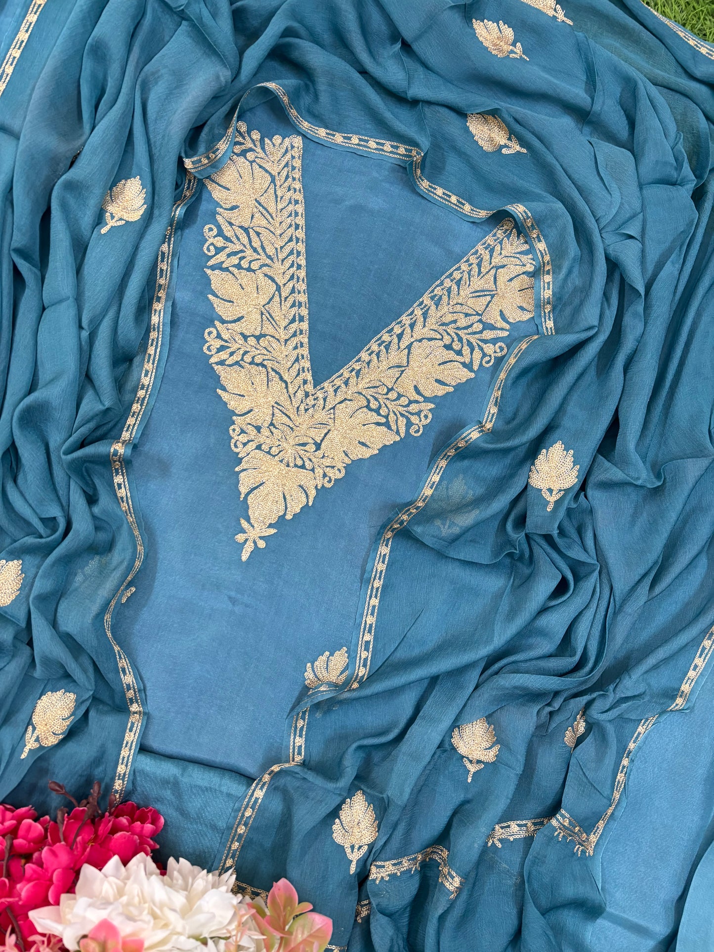 Sanam’ Pastel Blue Silk Tilla Kashmiri Suit