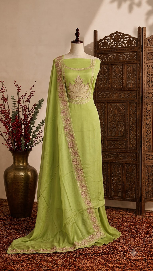 Lime Green Chinon 3 Pc Aari Embroidered Suit